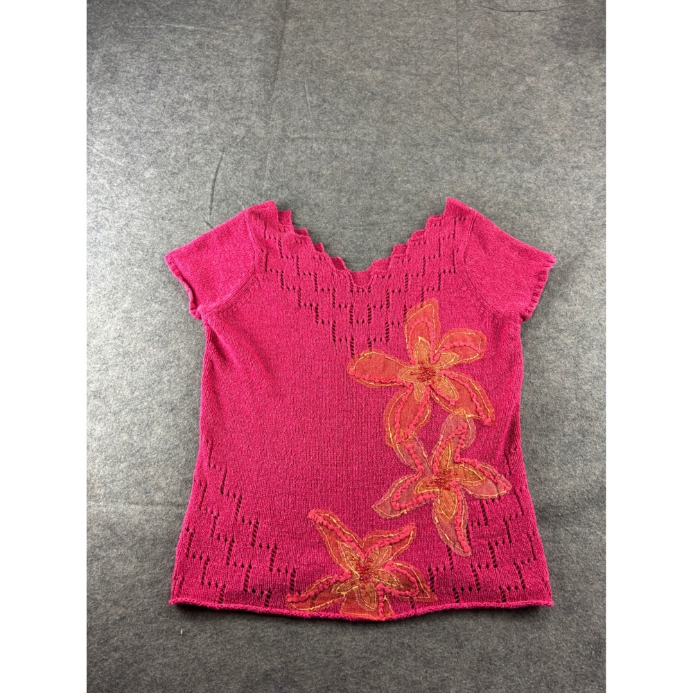 Susan Bristol Pink Knit Sweater Scalloped Neck Floral Applique Beaded Top Small